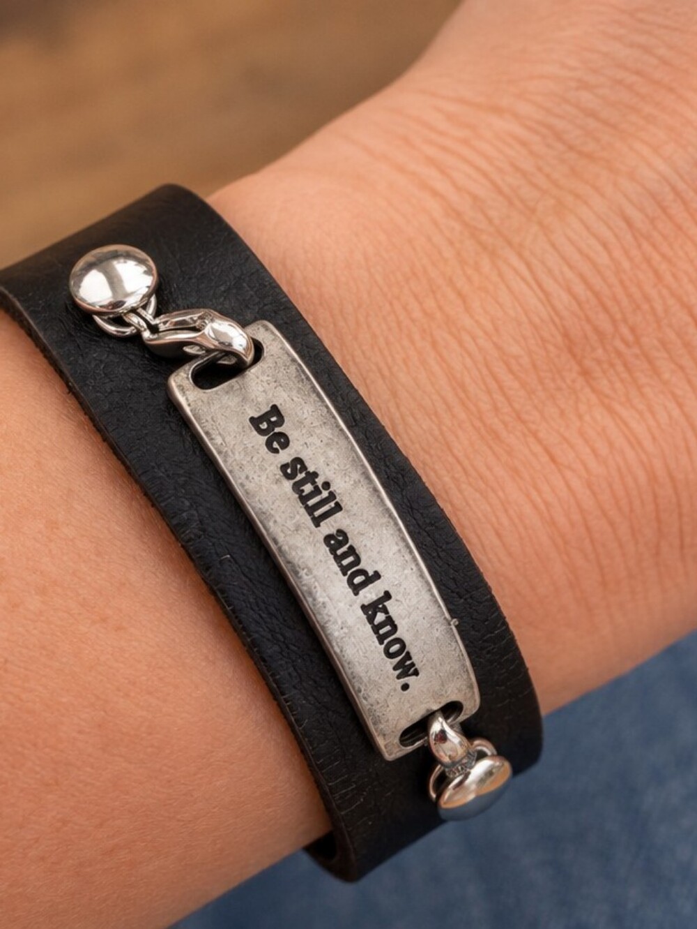 Lenny & Eva Black Leather Cuff Bracelet Be Still And Know Quote Plaque Silver